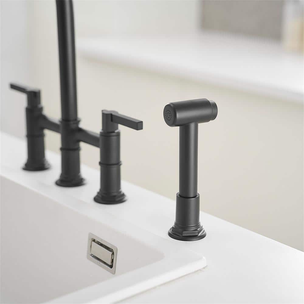 Matte Black Brass Bridge Kitchen Faucet with Side Sprayer