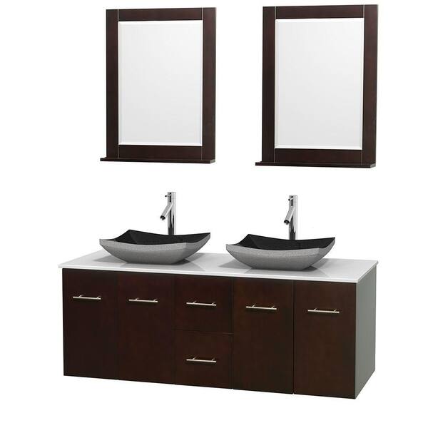 Wyndham Collection Centra 60 in. Double Vanity in Espresso with Solid-Surface Vanity Top in White, Black Granite Sinks and 24 in. Mirror