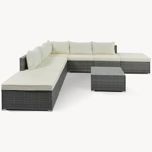 8-Piece Gray Wicker Outdoor Patio Furniture Sectional Sofa Set with Beige Cushions