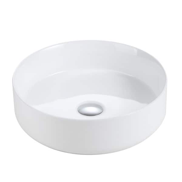 16 in. Vessel Round Bathroom Sink without Overflow Drain in Glossy White Ceramic