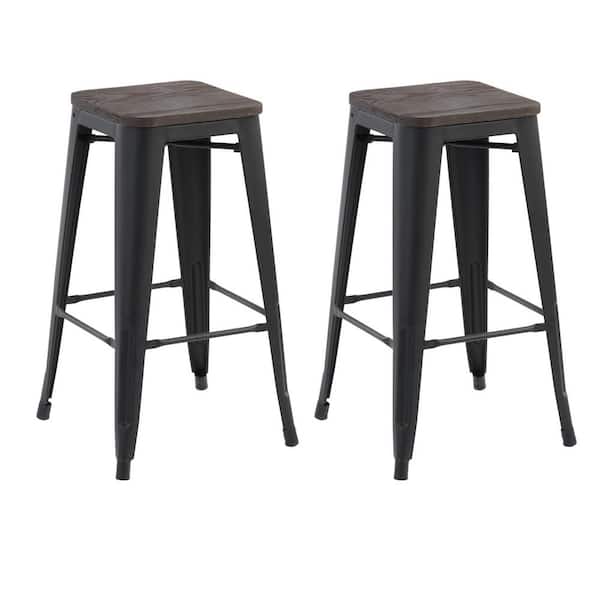Homy Casa Zolnes 29 in. Black Backless Metal Frame Bar Stool With Solid Wood Seat (Set of 2)