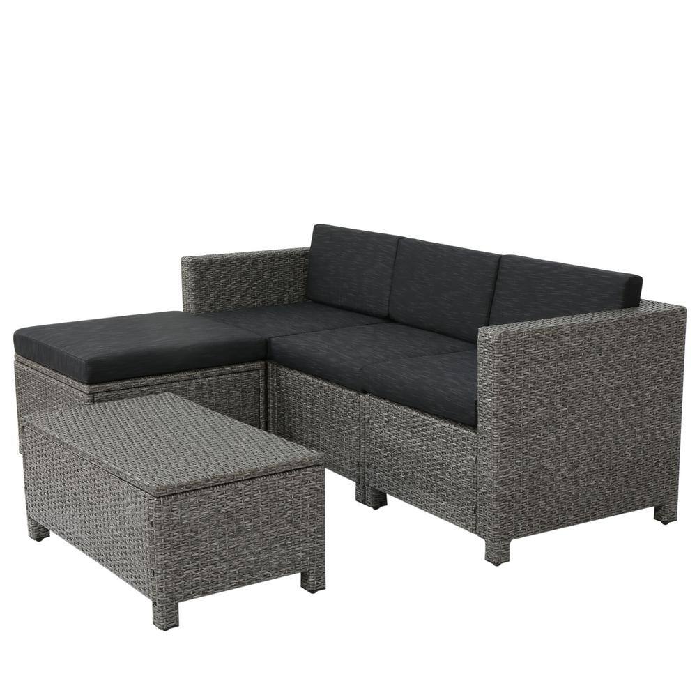 Noble House Puerta Gray 5-Piece Wicker Outdoor Sectional with Black Cushions - 2