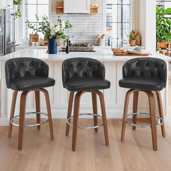 Wei 35 in. Height Black Faux Leather Counter Height Solid Wood Leg Swivel Bar stool (Set of 3)