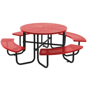 46 in. Red Round Outdoor Steel Picnic Table Seats 8-People with Umbrella Hole