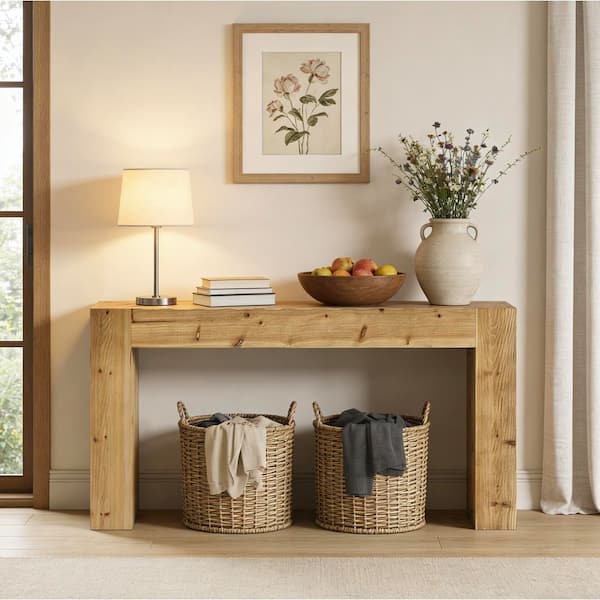 BYBLIGHT Turrella 63 in. Light Brown Rectangle Solid Wood Console 