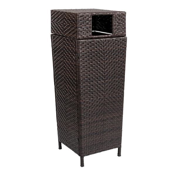 happimess Keaton Modern 24.13-Gal. All-Weather Wicker/Metal Lidded Hideaway Outdoor Trash Can, Brown