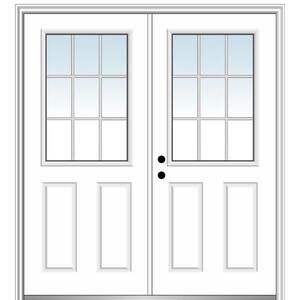 60 in. x 80 in. White Internal Grilles Right-Hand Inswing 1/2-Lite Clear Glass 2-Panel Primed Steel Prehung Front Door