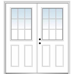 64 in. x 80 in. White Internal Grilles Right-Hand Inswing 1/2-Lite Clear Glass 2-Panel Primed Steel Prehung Front Door