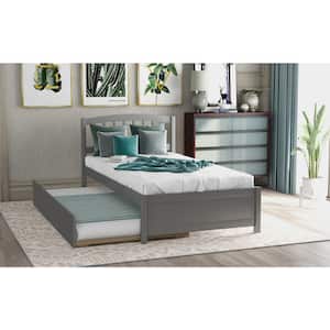 Gray Twin Platform Bed Frame with Trundle, Twin Bed Frame with Headboard and Pull Out Trundle for Kids, Guest Room
