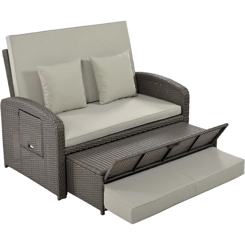 Gray PE Wicker Rattan Outdoor Double Chaise Lounge Reclining Daybed with Ad