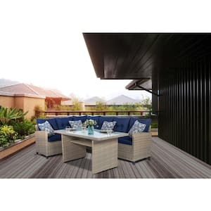 Amelia 3-Piece Modern Wicker Patio Conversation Deep Seating Set in Navy with Dining Height Glass Top Table, All Weather