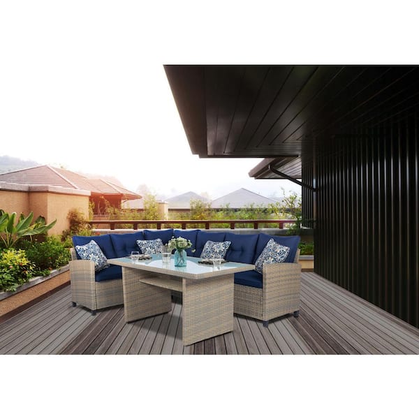 MOD Amelia 3-Piece Modern Wicker Patio Conversation Deep Seating Set in Navy with Dining Height Glass Top Table, All Weather
