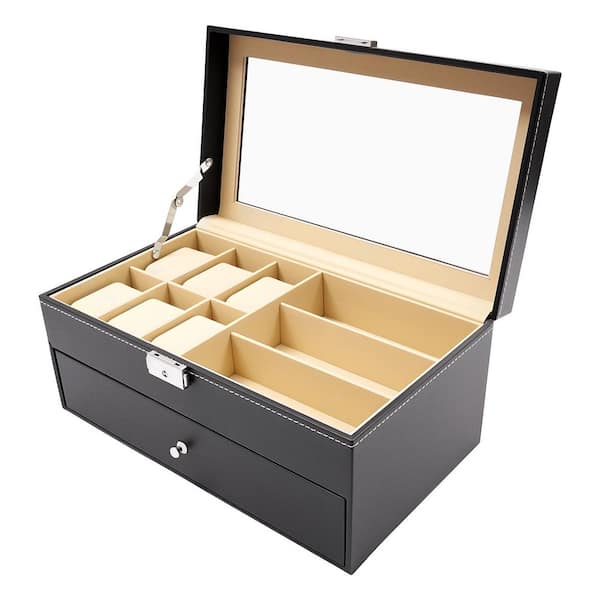 YIYIBYUS Black Leather 6-Watch and 9-Piece Eyeglasses Storage Display Box