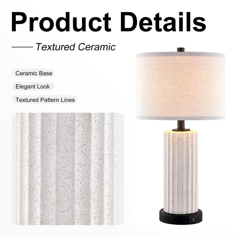 White Ceramic Table Lamp Set with USB Ports and Touch Control