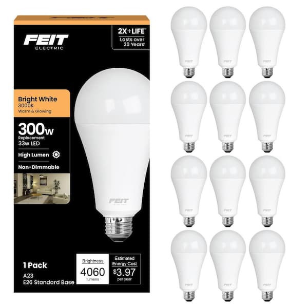 300-Watt Equivalent A23 Non-Dimmable High Brightness Frosted E26 Medium Base LED Light Bulb Bright White 3000K (12-Pack)