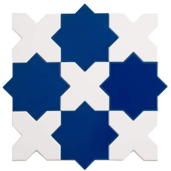 Siena 5.4 in. x 5.4 in. Cobalt Blue Star with Pearl White Cross Glossy Ceramic Wall and Floor Sample Tile (0.4 sq. ft.)