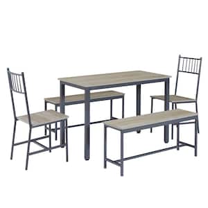 5-Piece Metal Outdoor Dining Set with 2-Benches 2-Chairs, Industrial Dining Table for Kitchen Breakfast Table, Gray