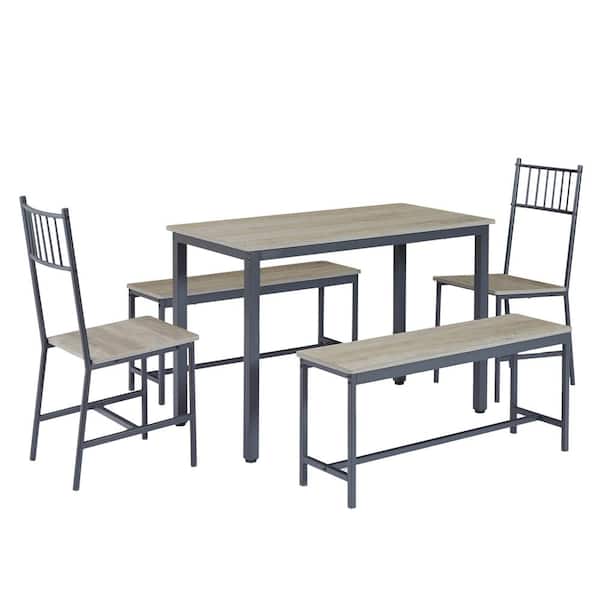 Unbranded 5-Piece Metal Outdoor Dining Set with 2-Benches 2-Chairs, Industrial Dining Table for Kitchen Breakfast Table, Gray