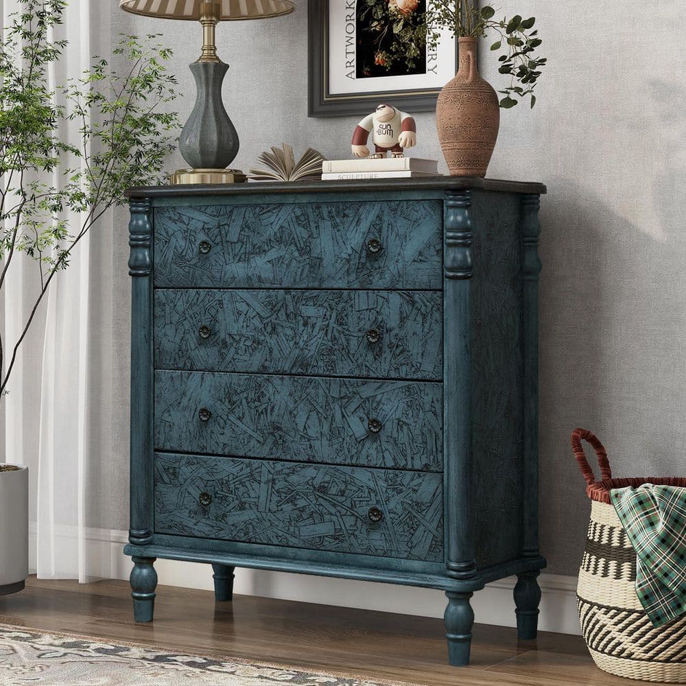 Farmhouse Navy Blue 4 Drawer 29 in. Wide Dresser with Storage Cabinet, Chest of Drawers