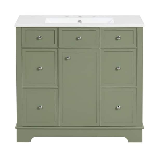 36 in. W Single Sink Freestanding Bath Vanity in Green with White Ceramic Top, 3 Drawers and 1 Tip-Out Drawer