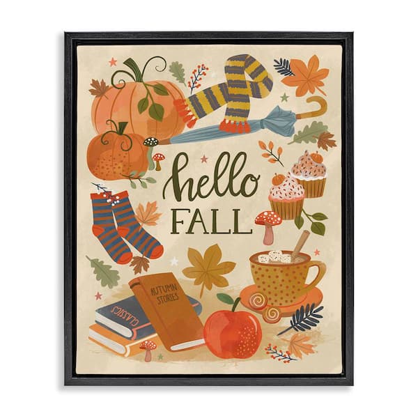 Hello Fall Cozy Autumn Items by Lisa Perry Whitebutton Black Floater Frame Graphic Typography Art Print 31 in. x 25 in.