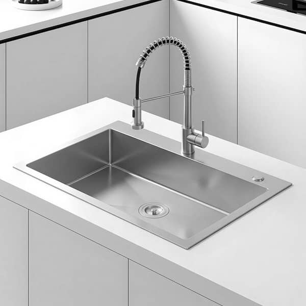 30 in. x 19 in. Stainless Steel Single Bowl Drop-In Kitchen Sink with Drain and Hooks in Brushed Nickel