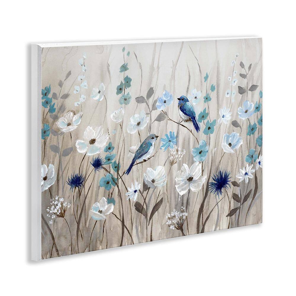 Blue and White Floral Meadow Birds MDF Wall Art, 19x13