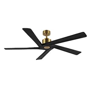 54 in. DC Indoor Brass Ceiling Fan without Lights and Remote Control, 5 Reversible Carved Solid Wood Blades