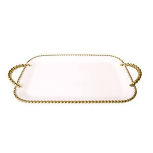 Porcelain White Tray with Gold Beaded Borders and Handles