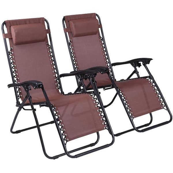 HOMESTOCK Brown, Zero Gravity Chairs Outdoor Lounge Chair Anti Gravity Folding Reclining Camping Chair with Headrest (Set of 2)