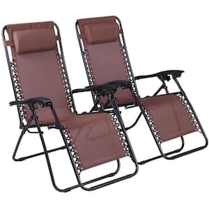 Brown, Zero Gravity Chairs Outdoor Lounge Chair Anti Gravity Chair Folding Reclining Chair with Headrest (Set of 2)