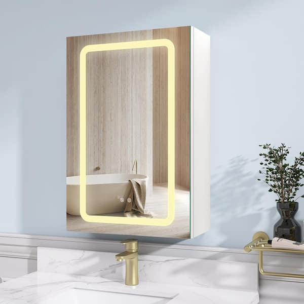 NTQ 20 in. W x 30 in. H Anti-Fog Surface Mount Rectangular White Aluminum Bathroom Medicine Cabinet with Mirror and Lights