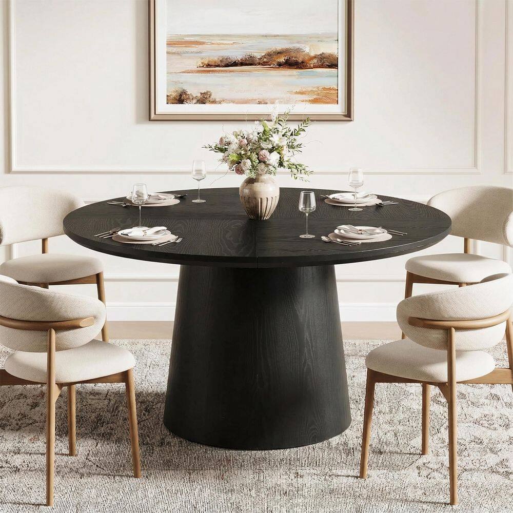 47 in. Modern Black Engineered Wood Round Dining Table, Circle Kitchen Table, Pedestal Base Dining Table for 4 to 6