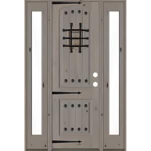 60 in. x 96 in. Mediterranean Knotty Alder Left-Hand/Inswing Clear Glass Grey Stain Wood Prehung Front Door w/Sidelite