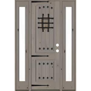 70 in. x 96 in. Mediterranean Knotty Alder Left-Hand/Inswing Clear Glass Grey Stain Wood Prehung Front Door w/Sidelite