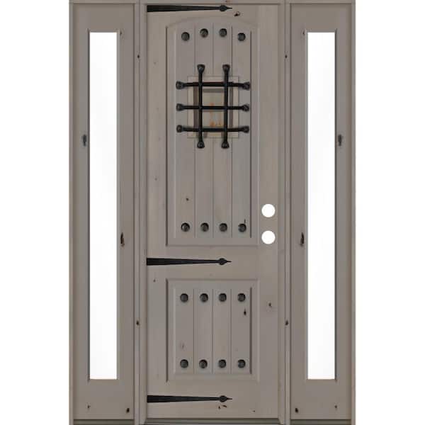 Krosswood Doors 76 in. x 96 in. Mediterranean Knotty Alder Left-Hand/Inswing Clear Glass Grey Stain Wood Prehung Front Door w/Sidelite