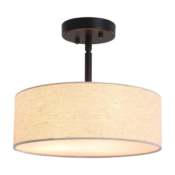 12.6 in. 3-Light Black Farmhouse Drum Semi-Flush Mount Light with Linen Cover