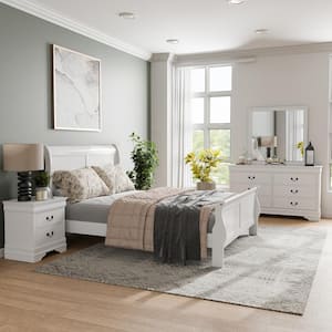 4-Piece Burkhart White Wood King Bedroom Set with Nightstand and Dresser/Mirror