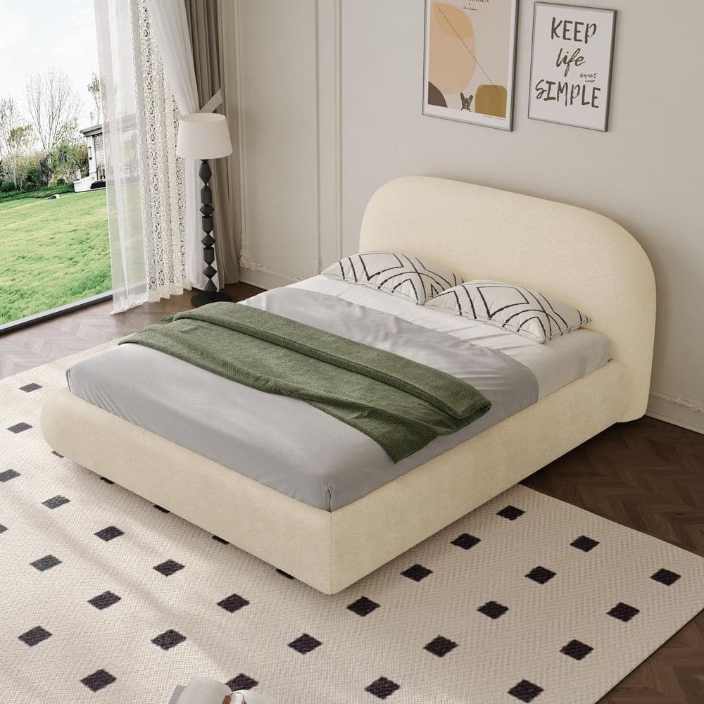 Beige Solid Pinus Wood Frame King Size Low Profile Platform Panel Bed with 