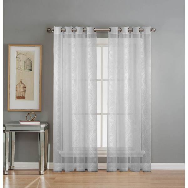 Window Elements Sheer Diamante Cotton Blend Burnout Sheer 84 in. L Grommet Curtain Panel Pair, White (Set of 2)