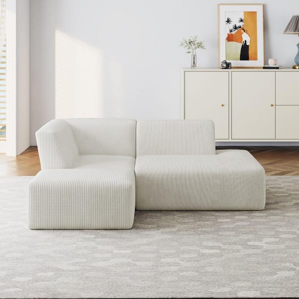 86.55 in. Modern Square Arm 3-Piece Corduroy L-Shaped Sectional Sofa in Beige with Ottoman