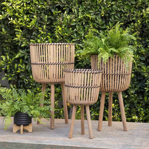 Better Homes & Gardens Black Round Resin Rattan Planter & Stand Set  Tripod Wood