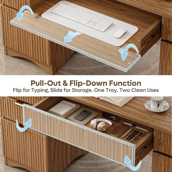 Bestier 63 in. Brown Fluted Executive Desk with 4 Drawers and Flip