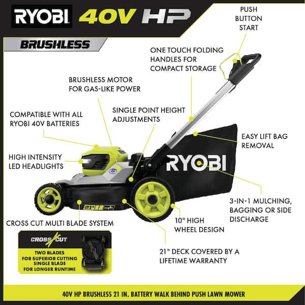 RYOBI 40V HP Brushless 21 in. Battery Walk Behind Multi-Blade Push Lawn  Mower with 7.5 Ah Battery and Rapid Charger RY401200 - The Home Depot