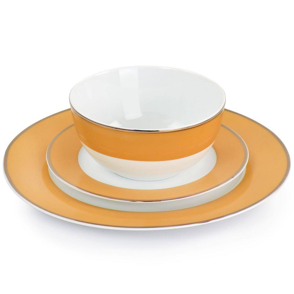 Yellow Ceramic 12-Piece Dinnerware Set with Gold Rim