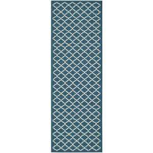 Courtyard Navy/Beige 2 ft. x 12 ft. Geometric Indoor/Outdoor Patio  Runner Rug