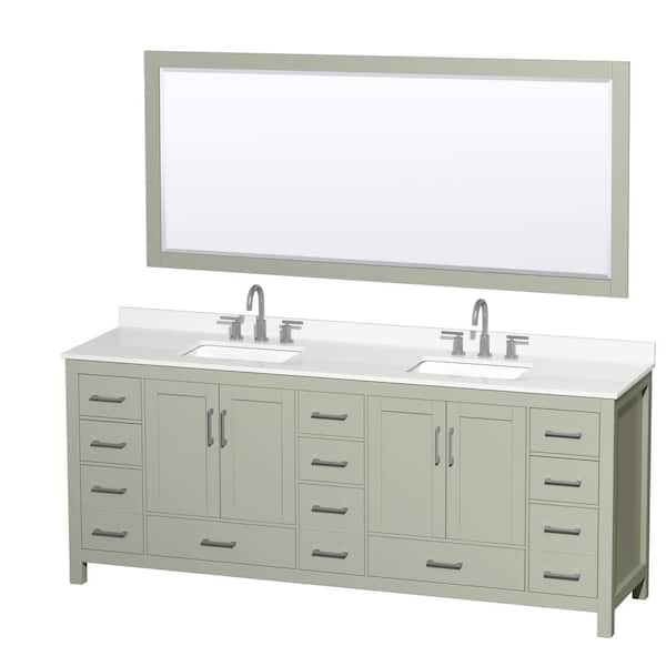 Wyndham Collection Sheffield 84 in. W x 22 in. D x 35 in. H Double Bath Vanity in Light Green with White Quartz Top and 70 in. Mirror