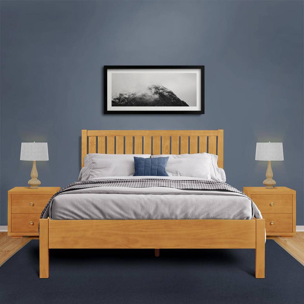 Graham Oak King Solid Pine Wood Platform Bed with Slatted Headboard