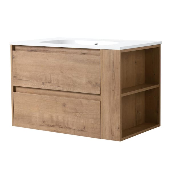 Unbranded 29.7 in. W x 18.1 in. D x 19.4 in. H Single Sink Floating Bath Vanity in Oak with White Acrylic Top, Adjust Open Shelf