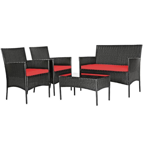 WELLFOR 4-Piece Wicker Patio Conversation Set with Red Cushions